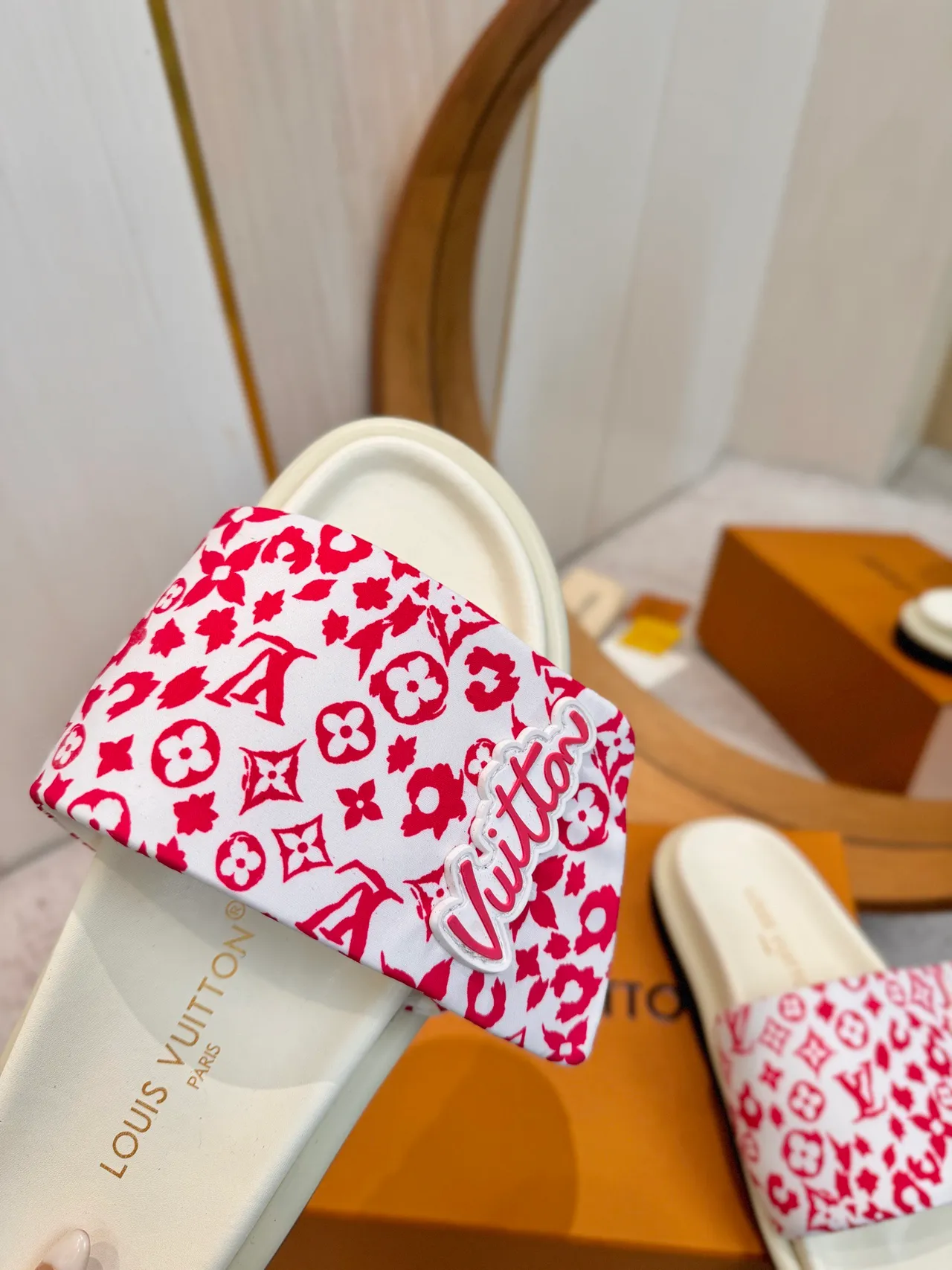 Louis Vuitton White Red Floral Monogram Print Raised Script Logo Slippers 7