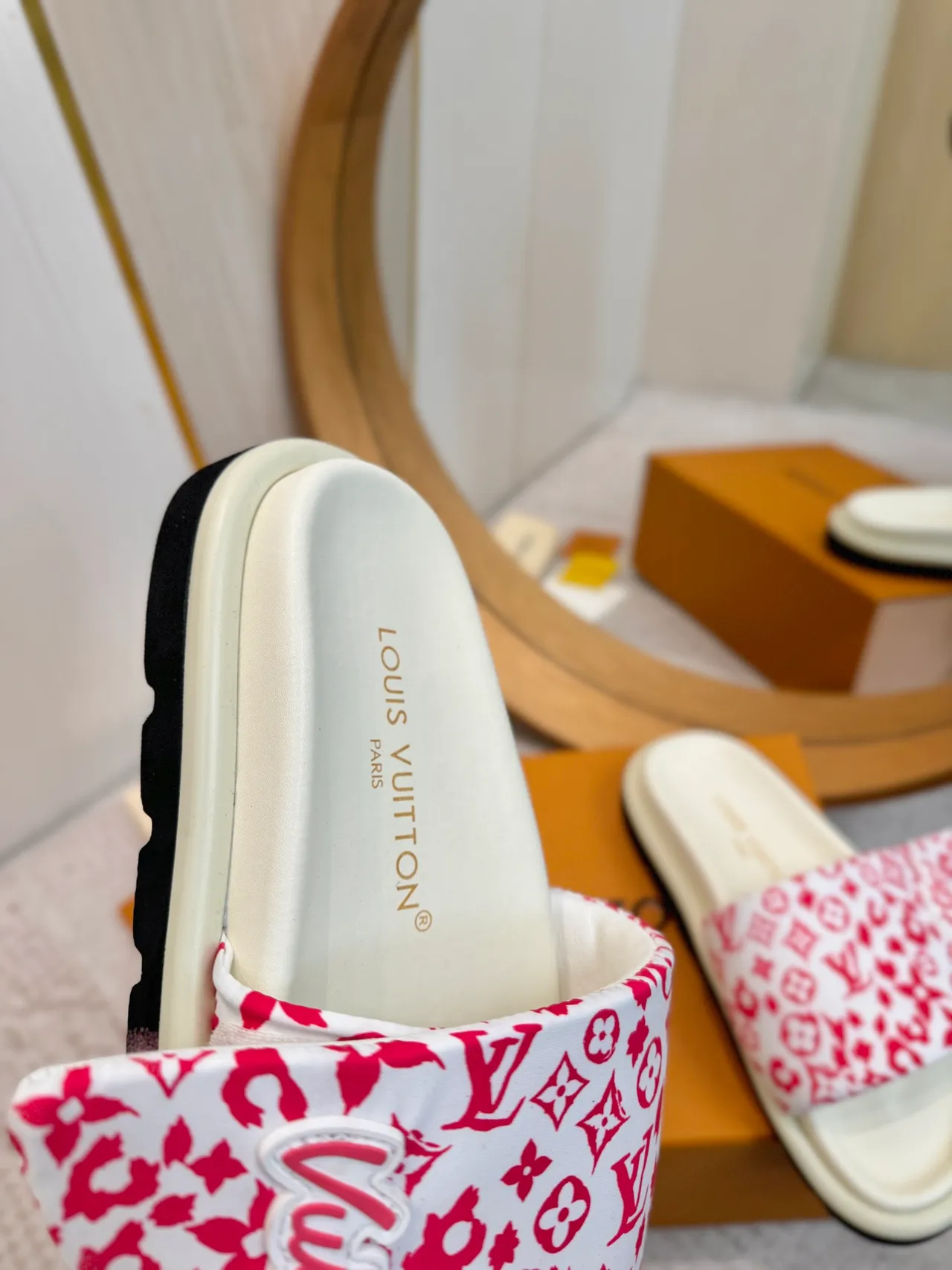 Louis Vuitton White Red Floral Monogram Print Raised Script Logo Slippers 8