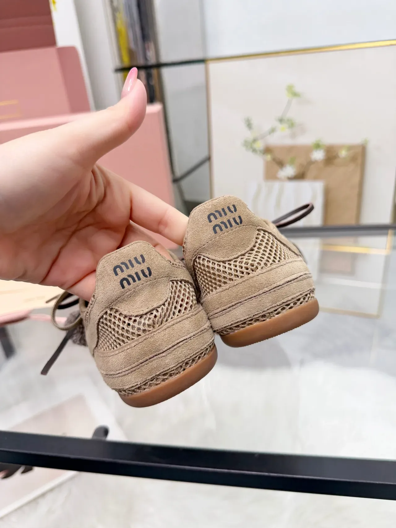 Miu Miu Beige Brown Suede And Mesh Upper Decorative Floral Leather Charm Sneakers 2