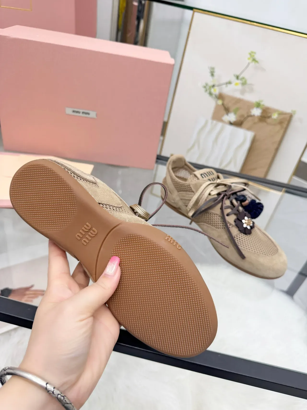 Miu Miu Beige Brown Suede And Mesh Upper Decorative Floral Leather Charm Sneakers 3