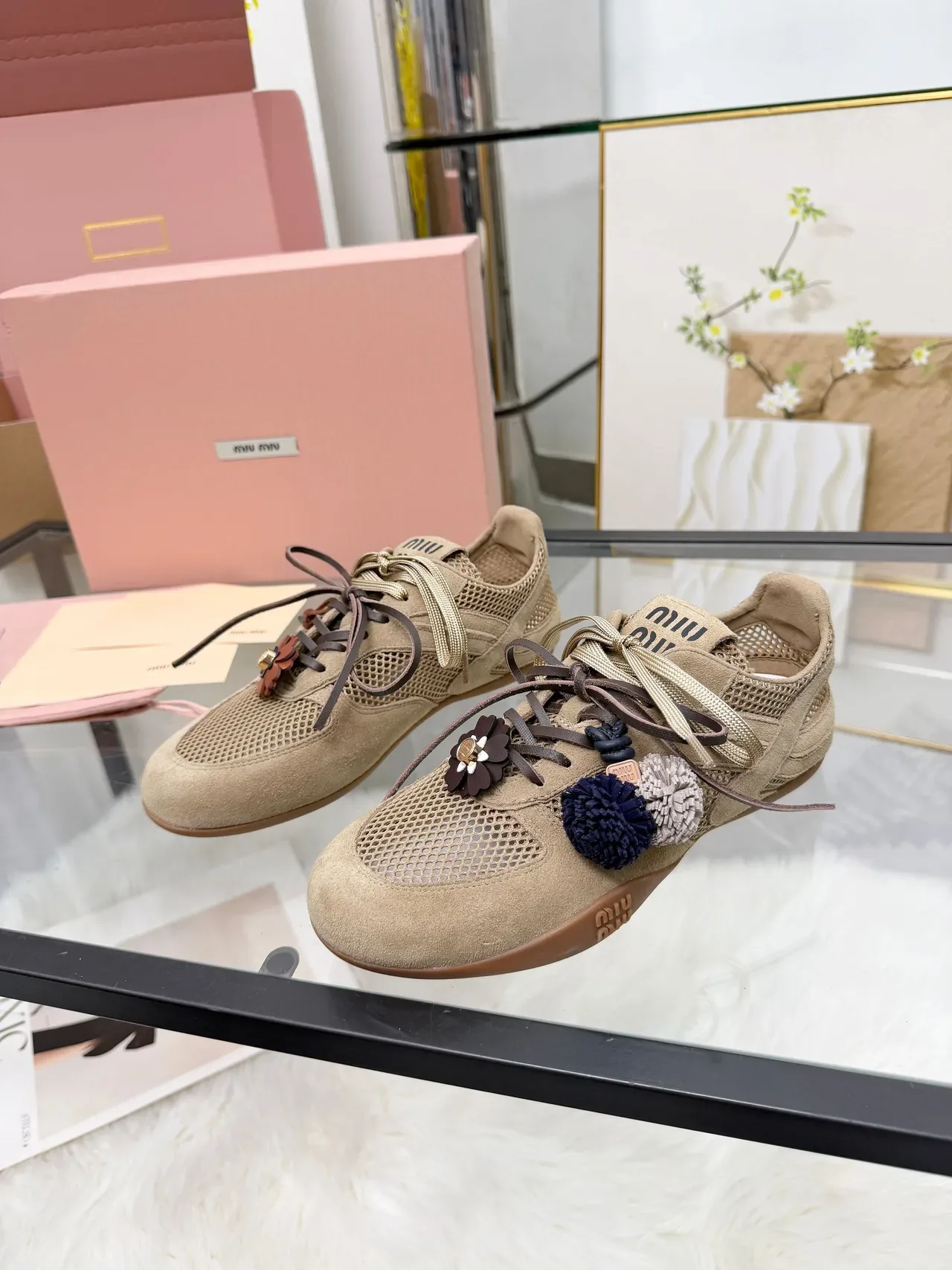 Miu Miu Beige Brown Suede And Mesh Upper Decorative Floral Leather Charm Sneakers 4