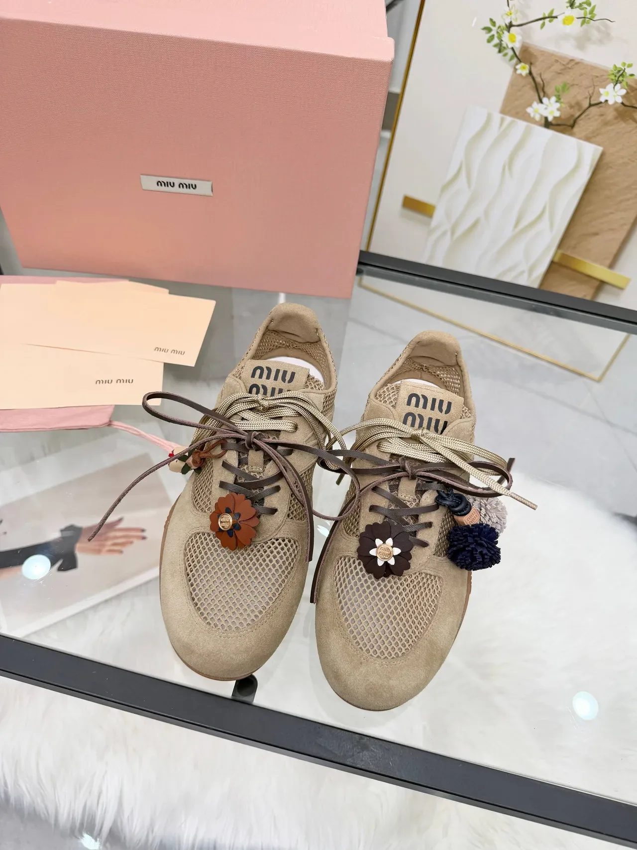Miu Miu Beige Brown Suede And Mesh Upper Decorative Floral Leather Charm Sneakers 5