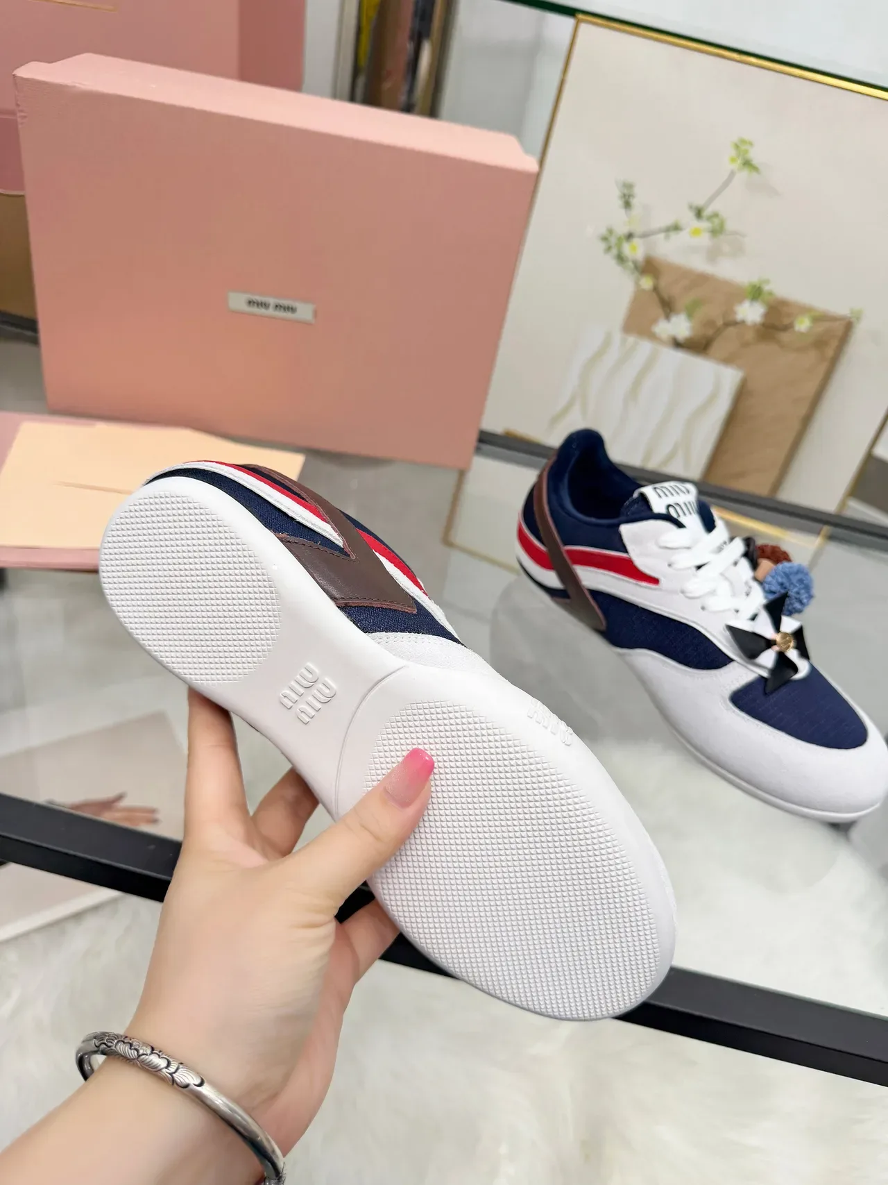 Miu Miu Lifestyle Sneaker White Navy Low-Top Suede And Mesh Upper Lifestyle Sneakers 3