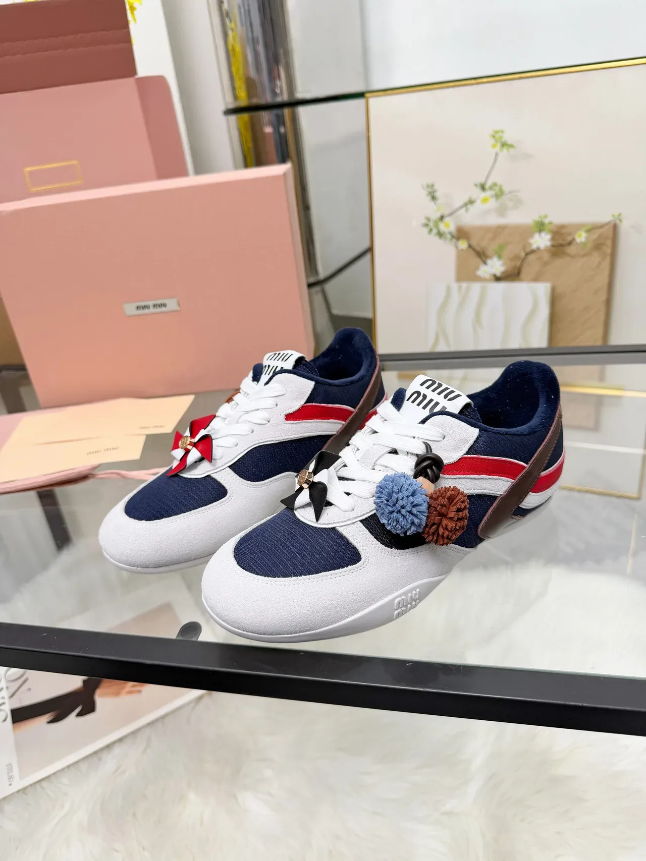 Miu Miu Lifestyle Sneaker White Navy Low-Top Suede And Mesh Upper Lifestyle Sneakers 4