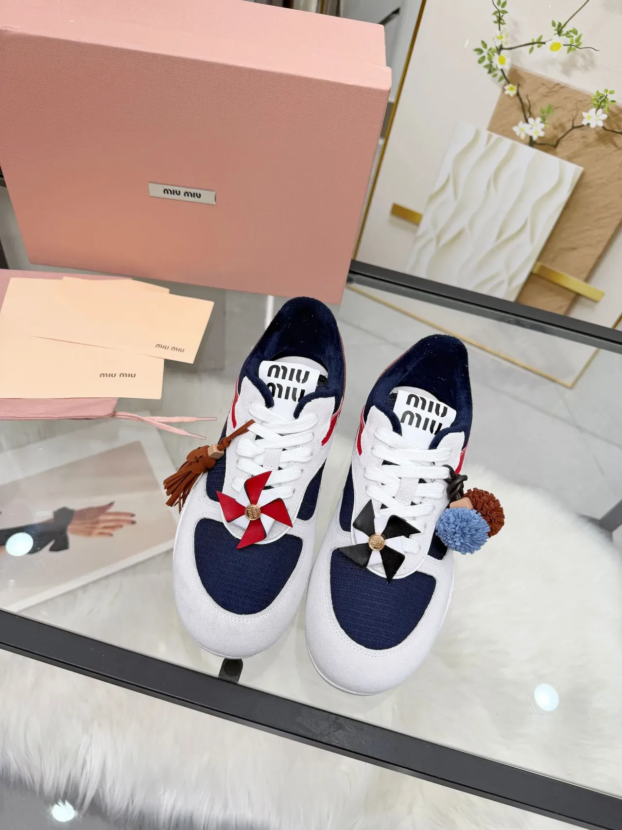 Miu Miu Lifestyle Sneaker White Navy Low-Top Suede And Mesh Upper Lifestyle Sneakers 5