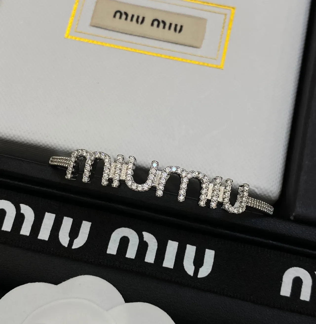 Miu Miu Logo Pavé Open Cuff Bracelet 3