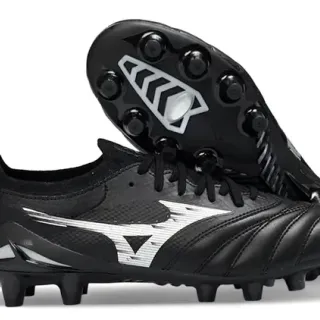 Mizuno Black Silver Quilted Leather Toe Synthetic Mesh Midfoot Firm-Ground Soccer Shoes