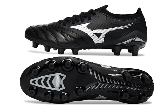 Mizuno Black Silver Quilted Leather Toe Synthetic Mesh Midfoot Firm-Ground Soccer Shoes 6