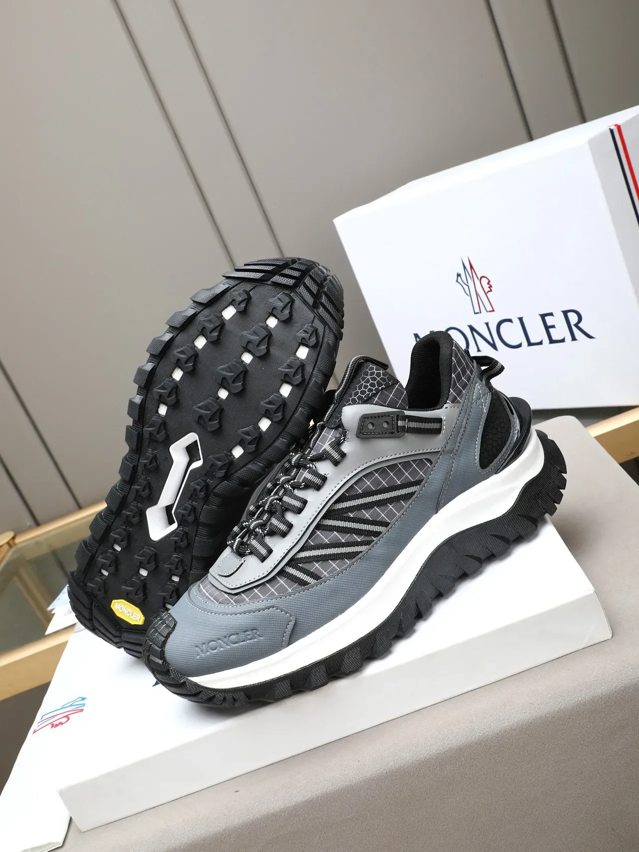 Moncler Gray and Black Mesh Overlay Chunky Sneaker 4