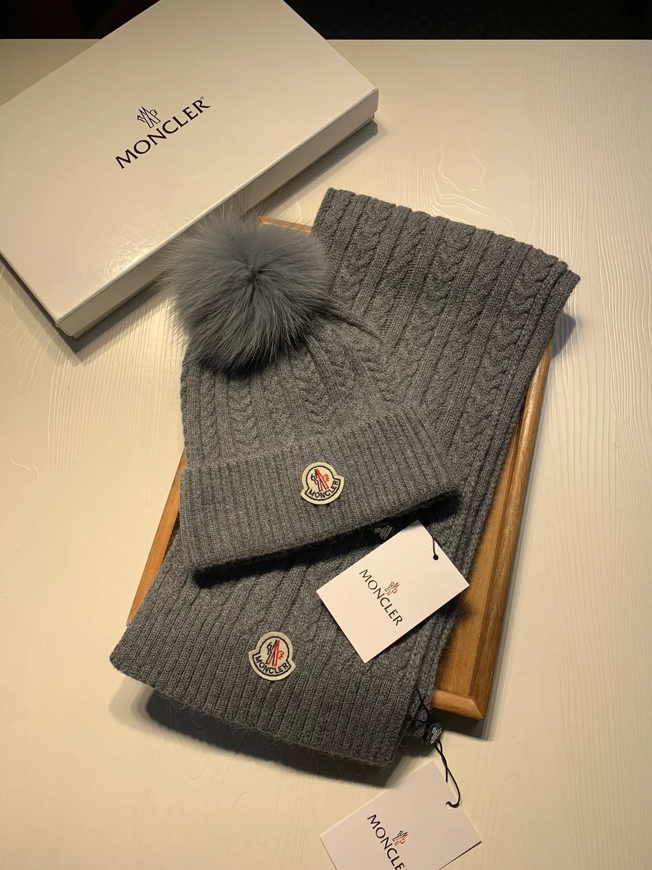 Moncler Gray Cable-Knit Fur Pom-Pom Beanie 3