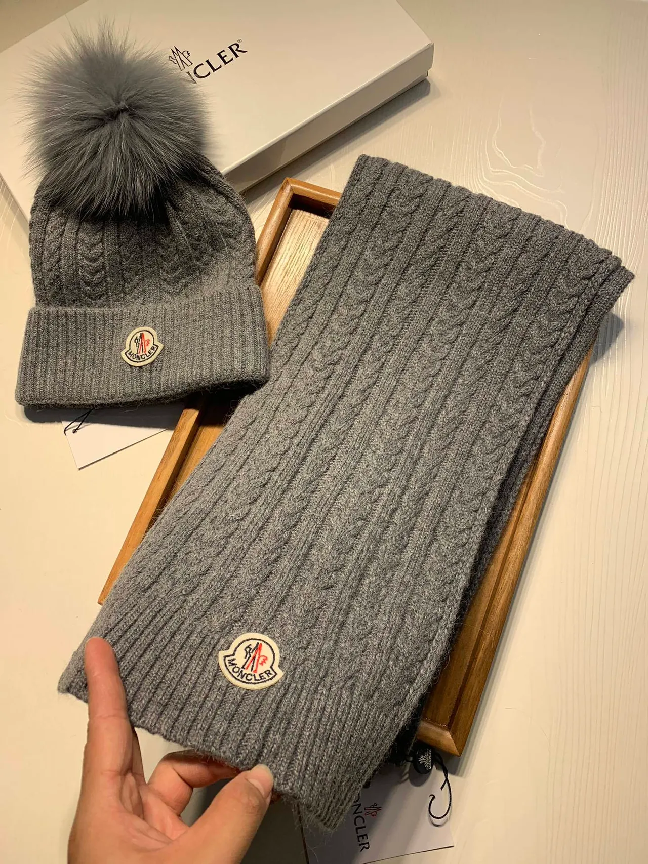 Moncler Gray Cable-Knit Fur Pom-Pom Beanie 4