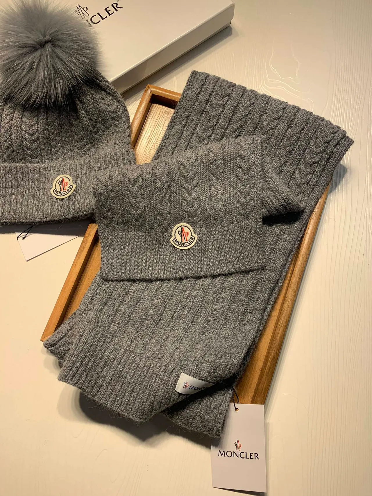 Moncler Gray Cable-Knit Fur Pom-Pom Beanie 5