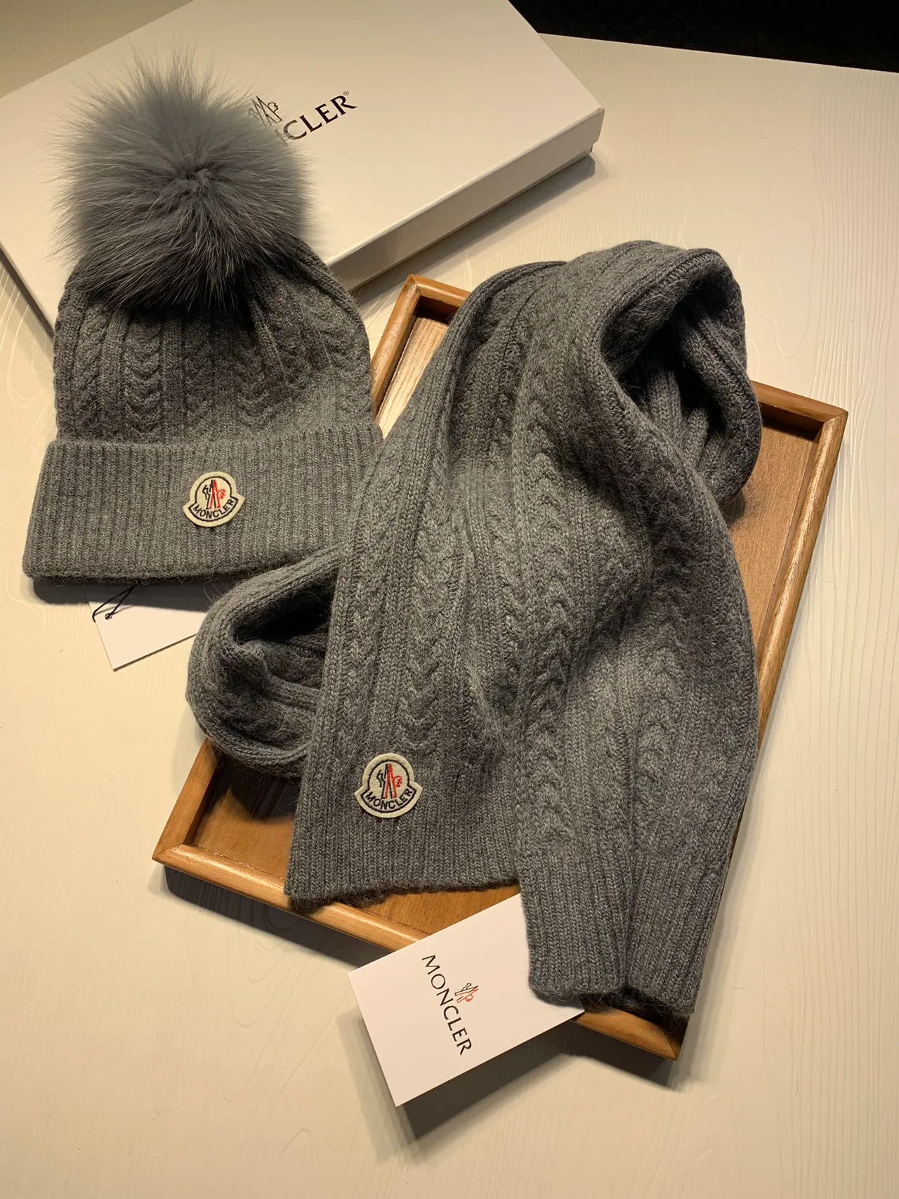Moncler Gray Cable-Knit Fur Pom-Pom Beanie 6