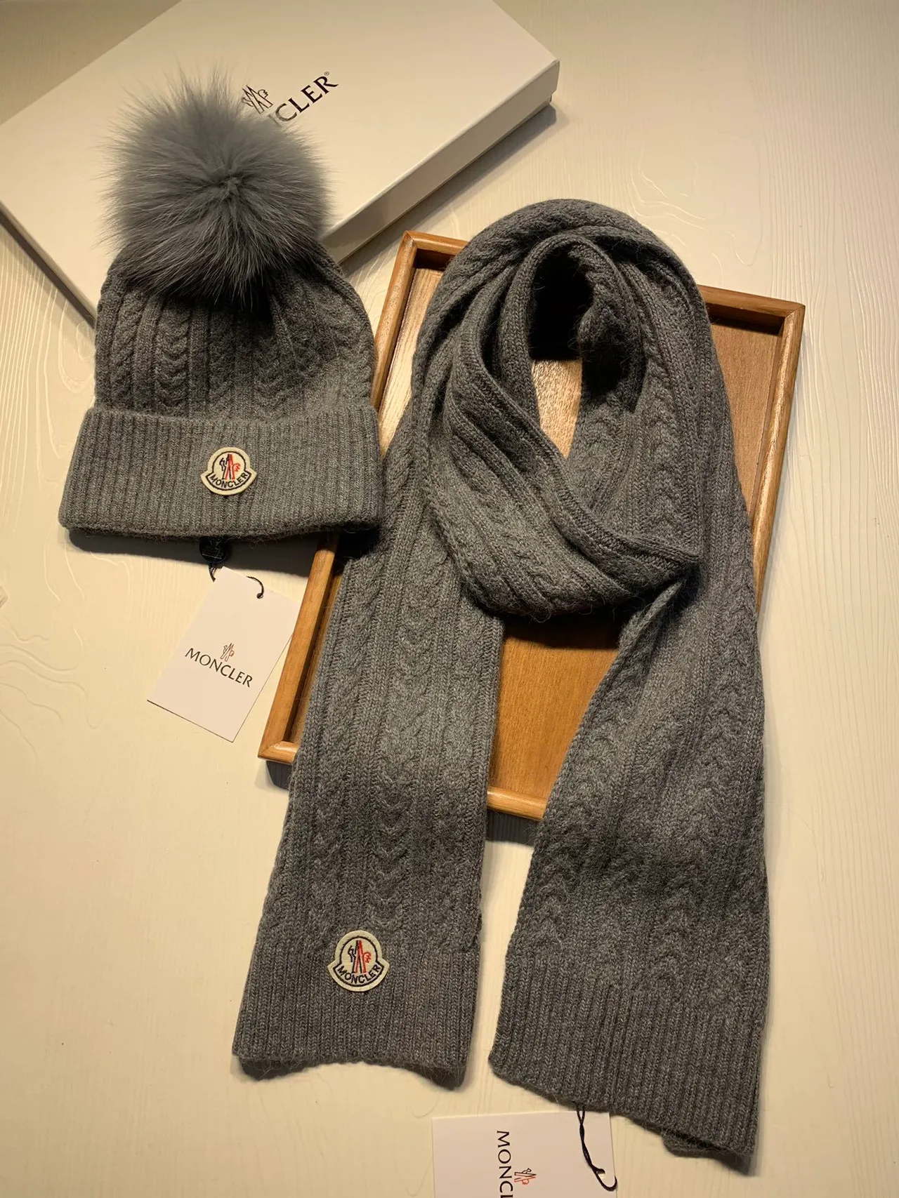 Moncler Gray Cable-Knit Fur Pom-Pom Beanie 7