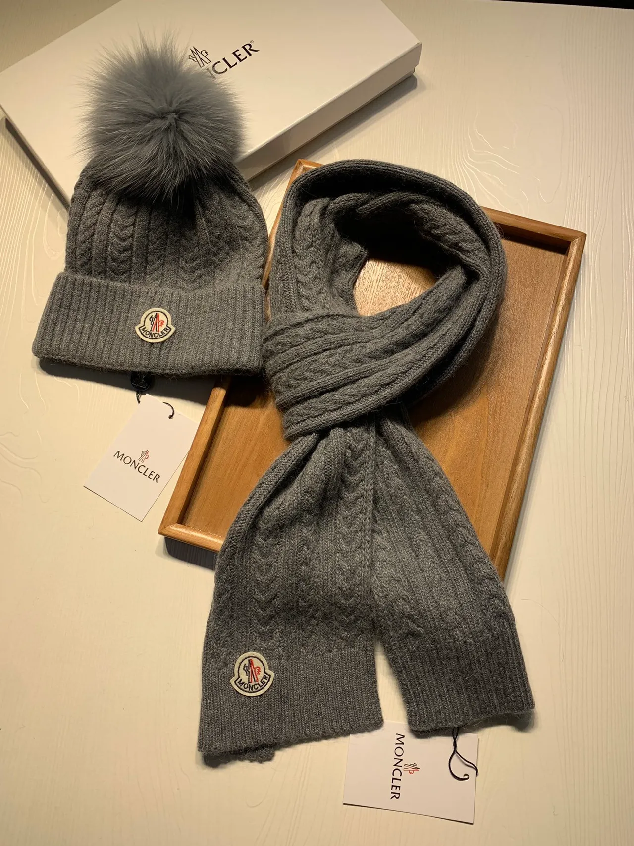 Moncler Gray Cable-Knit Fur Pom-Pom Beanie 8