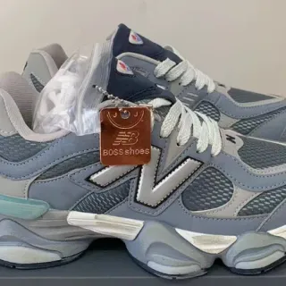 New Balance رمادي أزرق midsole منحوت شبك وصناعي تركيب حذاء رياضي سميك