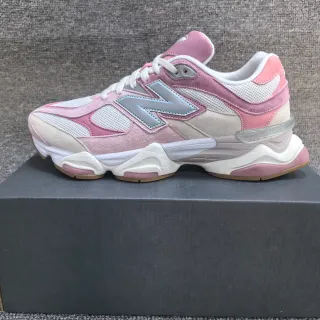 New Balance حذاء رياضي سميك وردي أبيض وسطة موجة جلد ناعم وشبكة مختلطة