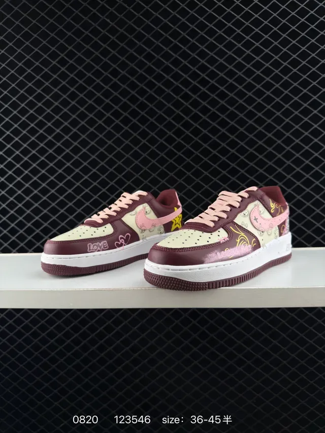 Nike Air Force 1 Low Burgundy Pink Cream Graphic Print Lifestyle Sneakers 3