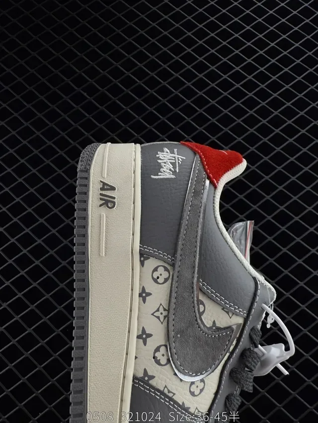 Nike Air Force 1 Low Rice Gray Red Monogram Stussy Collaboration Lifestyle Sneakers 2