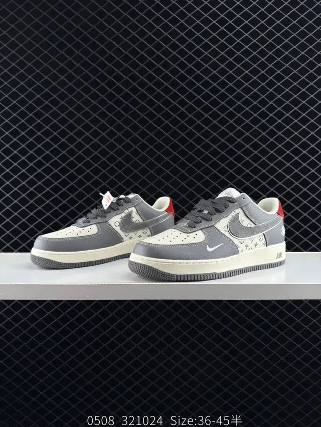 Nike Air Force 1 Low Rice Gray Red Monogram Stussy Collaboration Lifestyle Sneakers 3