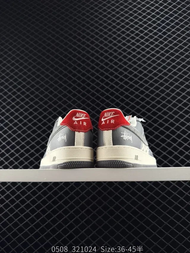 Nike Air Force 1 Low Rice Gray Red Monogram Stussy Collaboration Lifestyle Sneakers 4
