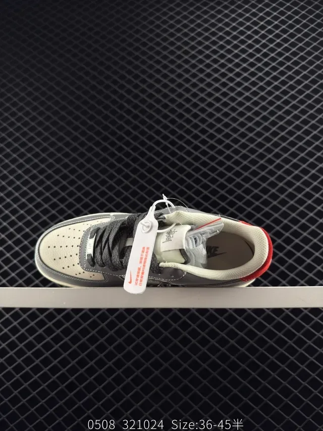 Nike Air Force 1 Low Rice Gray Red Monogram Stussy Collaboration Lifestyle Sneakers 5