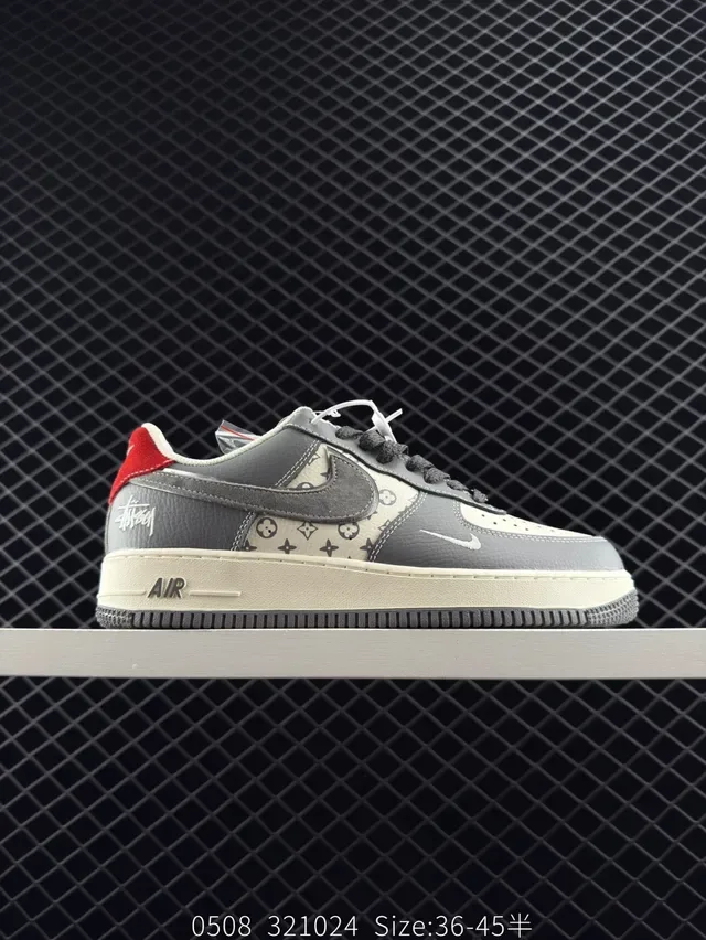Nike Air Force 1 Low Rice Gray Red Monogram Stussy Collaboration Lifestyle Sneakers 6
