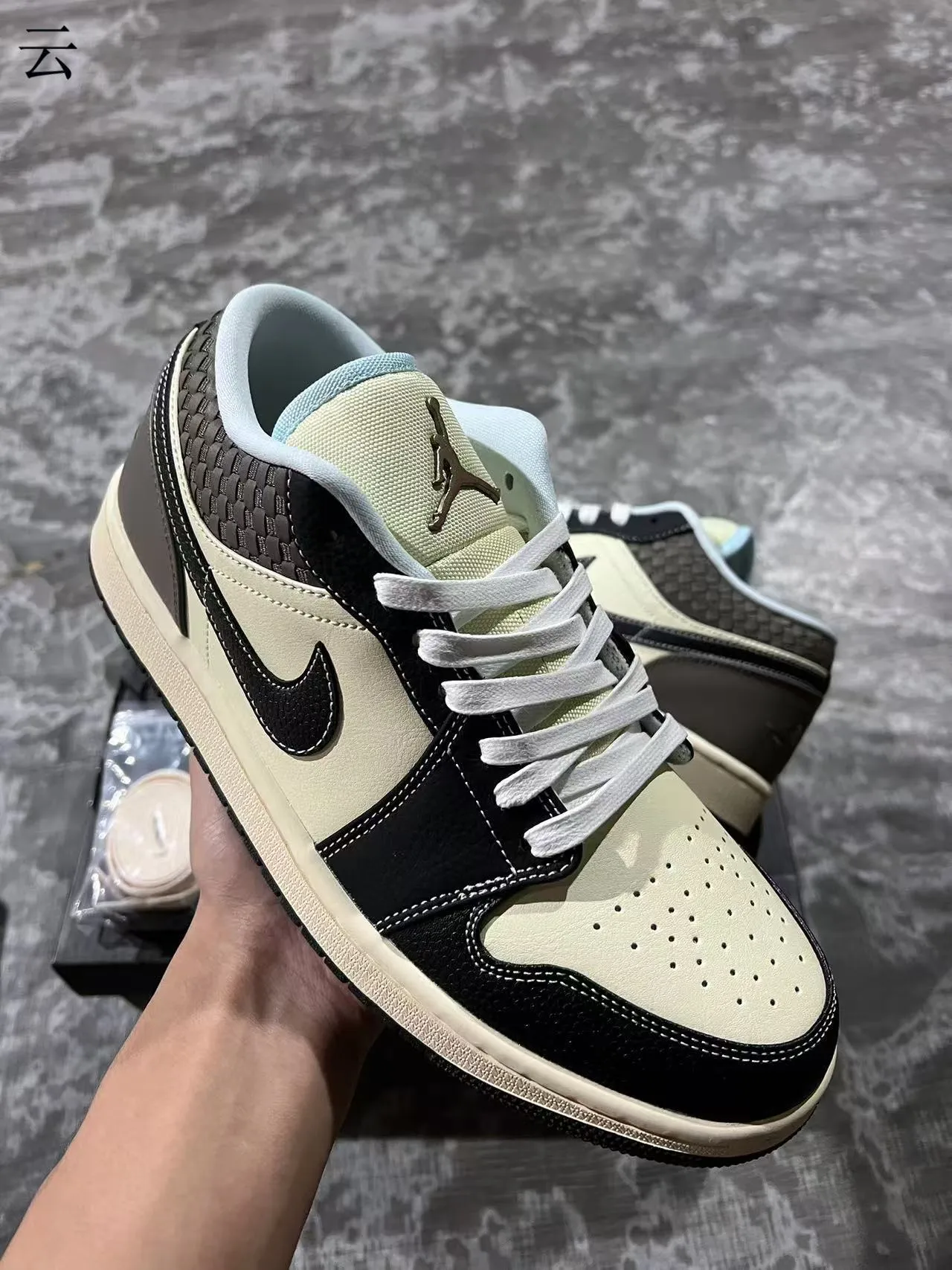 Nike Air Jordan 1 Low Beige Black Woven Heel Lifestyle Sneakers 2