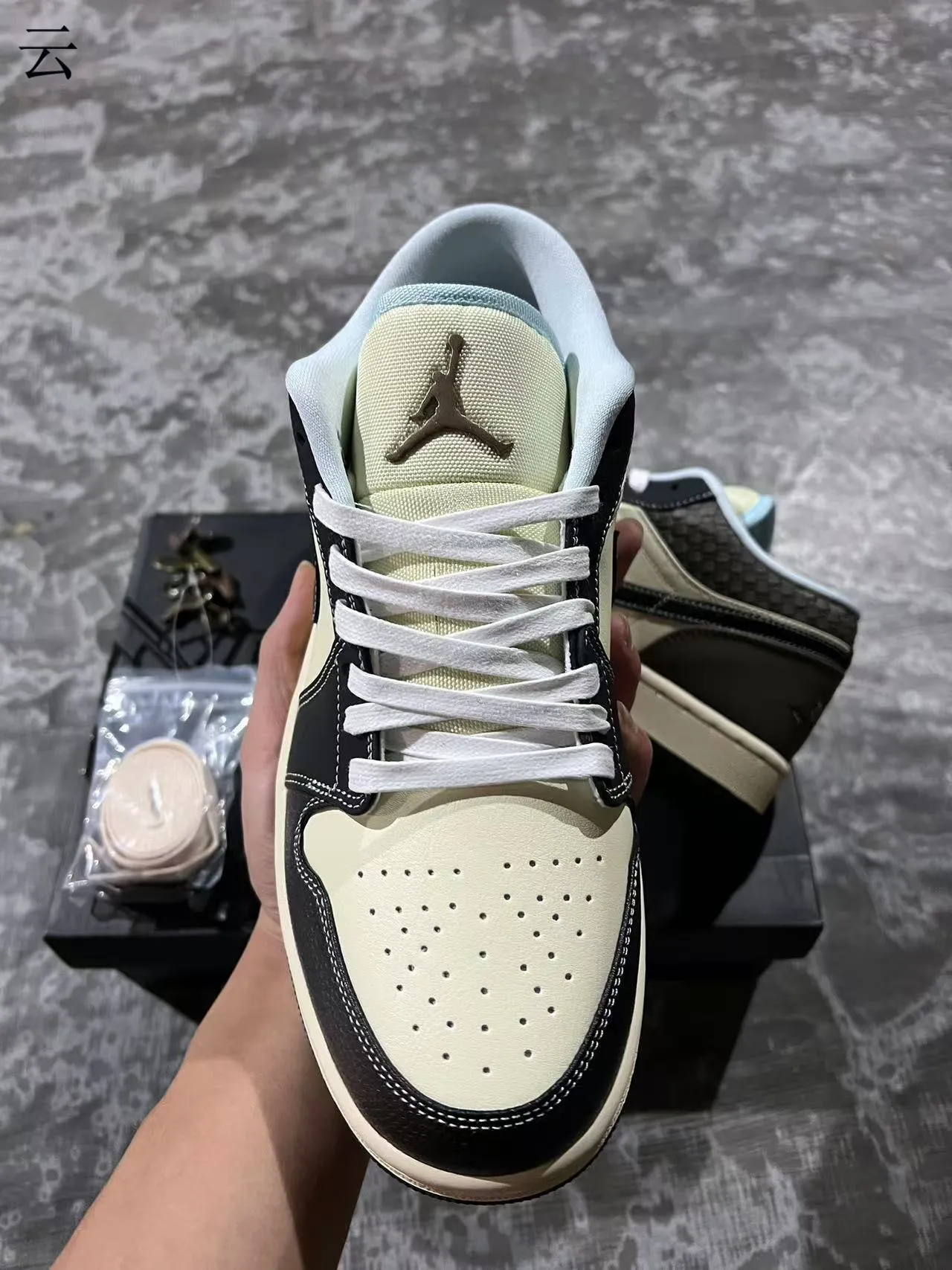 Nike Air Jordan 1 Low Beige Black Woven Heel Lifestyle Sneakers 3