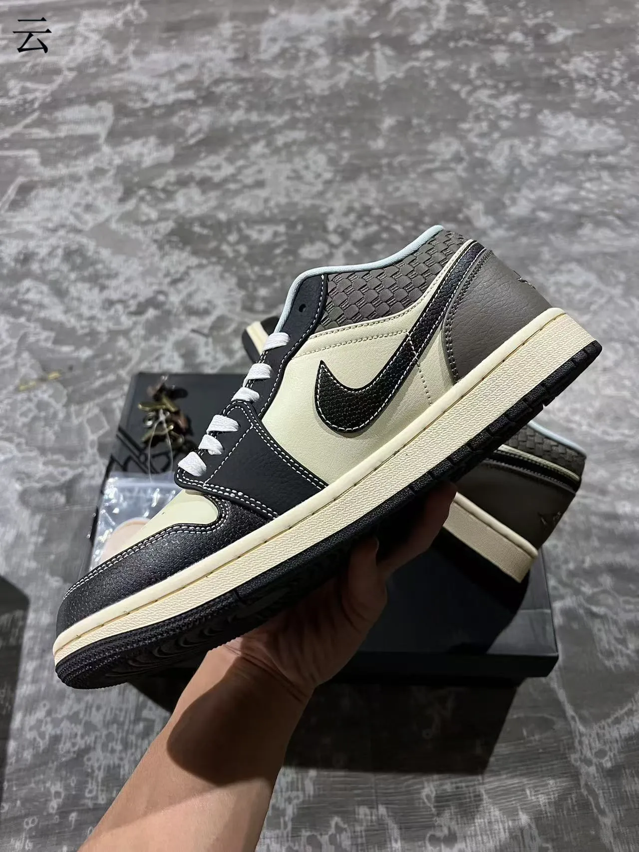 Nike Air Jordan 1 Low Beige Black Woven Heel Lifestyle Sneakers 5