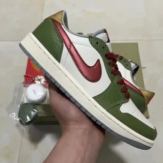 Nike Air Jordan 1 Low Olive Green and Metallic Red Lifestyle Sneakers