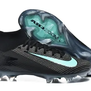 Nike أحذية كرة القدم السوداء الزرقاء عالية القطع الدانتيل العلوي أكسنت Mint Teal Swoosh أرضية صلبة