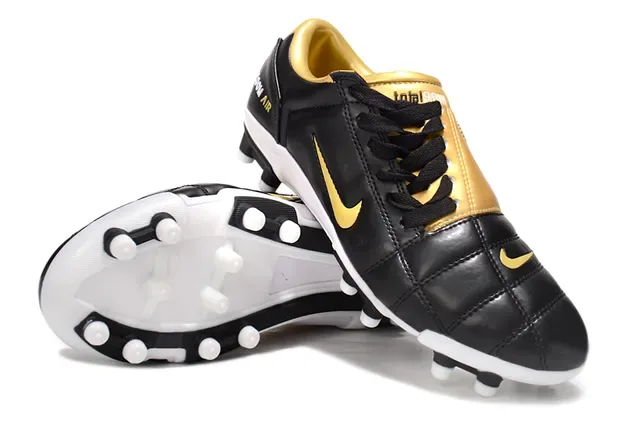 Nike Noir Doré Cuir Matelassé Partie Supérieure Swoosh FG Chaussures de Football 4