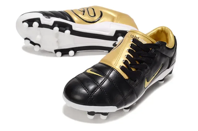 Nike Noir Doré Cuir Matelassé Partie Supérieure Swoosh FG Chaussures de Football 5
