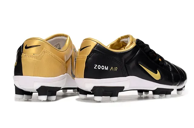 Nike Noir Doré Cuir Matelassé Partie Supérieure Swoosh FG Chaussures de Football 6