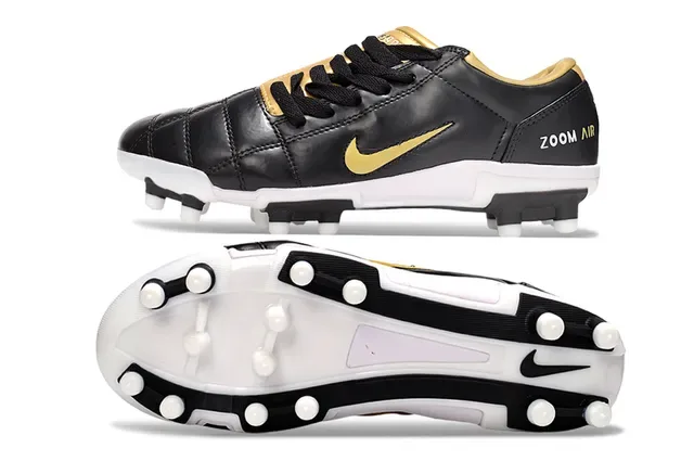 Nike Noir Doré Cuir Matelassé Partie Supérieure Swoosh FG Chaussures de Football 7