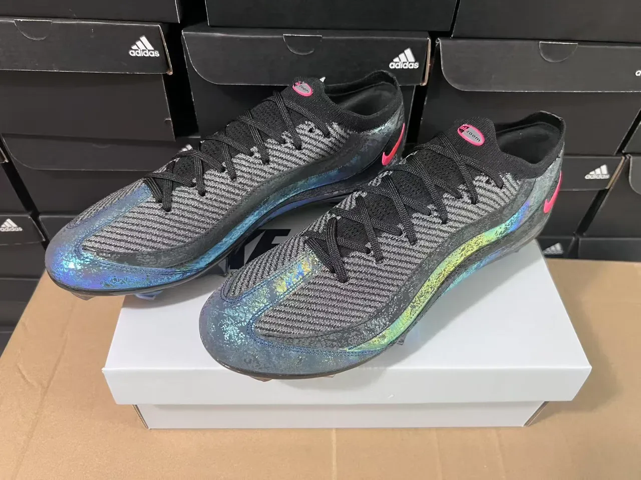 Nike Black Multicolor Knit Upper Iridescent Holographic Wave Soccer Shoes 9