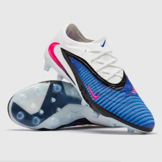 Nike Blue White Ribbed Flyknit Upper Asymmetrical Black Overlay Firm-Ground Soccer Shoes