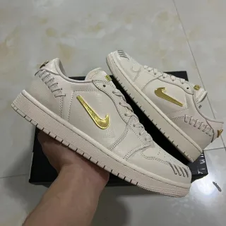Nike Dunk Low Beige Gold Off-White Textured Leather Upper Metallic Swoosh Lifestyle Sneakers