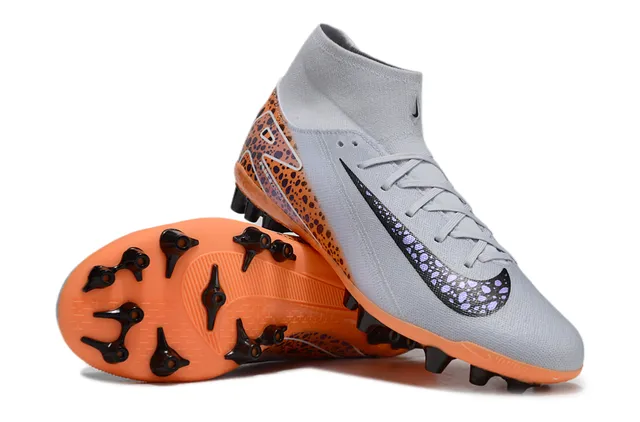 Nike Gray Orange High-Cut Sock-Fit Collar Asymmetric Lacing Firm-Ground Soccer Shoes 3