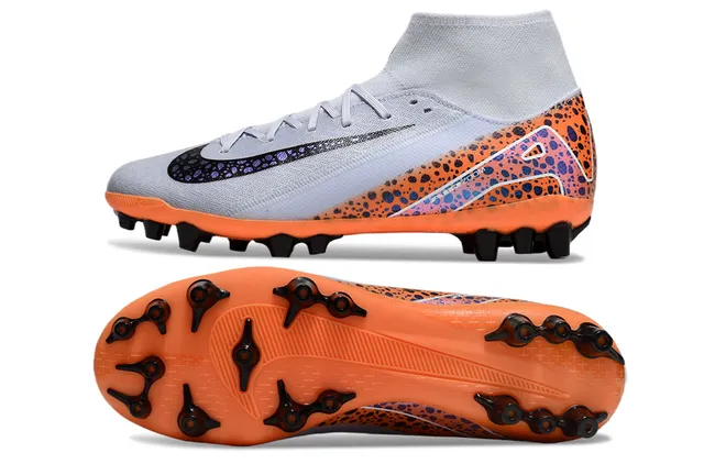 Nike Gray Orange High-Cut Sock-Fit Collar Asymmetric Lacing Firm-Ground Soccer Shoes 5