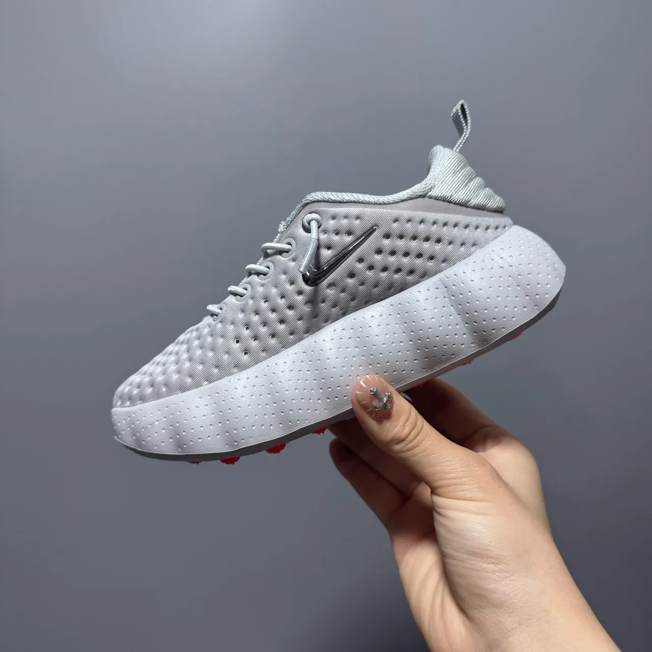 Nike Gray White Perforated Knit Upper Sculpted Wavy Midsole Running Shoes 17