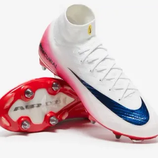 Nike Mercurial Superfly White Blue High-Cut Flyknit Bootie Metallic Swoosh Firm-Ground Soccer Shoes