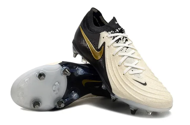 Nike Phantom GT Preto Dourado Upper Tricô Assimétrico Acento Swoosh Firm-Ground Sapatos de Futebol 4