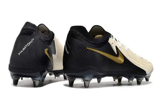 Nike Phantom GT Preto Dourado Upper Tricô Assimétrico Acento Swoosh Firm-Ground Sapatos de Futebol 5