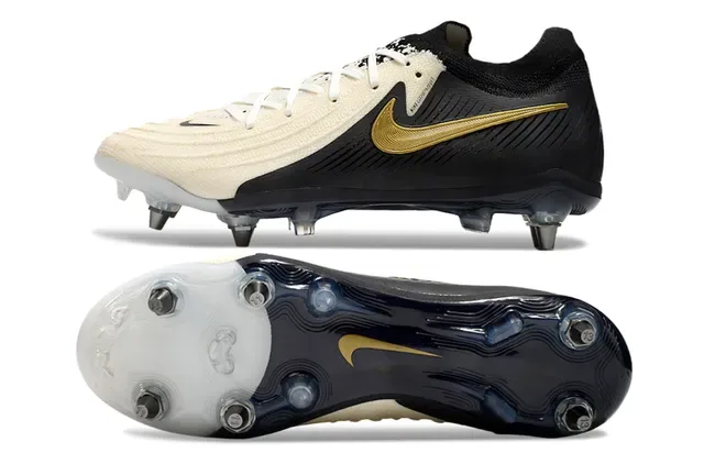 Nike Phantom GT Preto Dourado Upper Tricô Assimétrico Acento Swoosh Firm-Ground Sapatos de Futebol 6