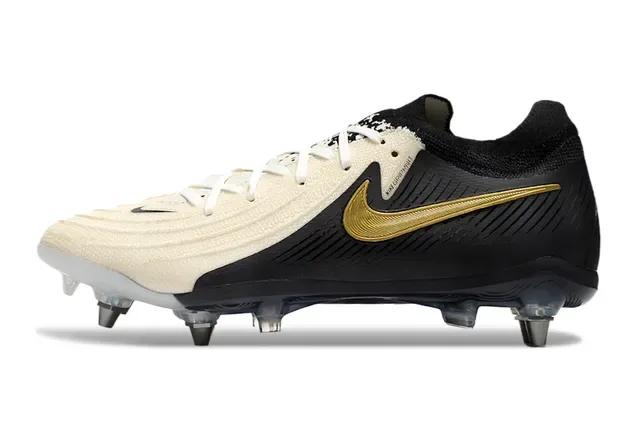 Nike Phantom GT Preto Dourado Upper Tricô Assimétrico Acento Swoosh Firm-Ground Sapatos de Futebol 7