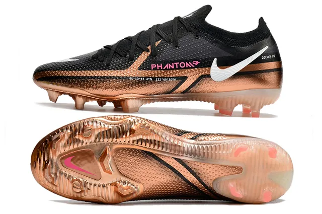 Nike Phantom GT Negro Dorado Bajo Corte Superior Sintético Recubrimiento Metálico Cobre Superficie Natural Zapatos de Fútbol 2
