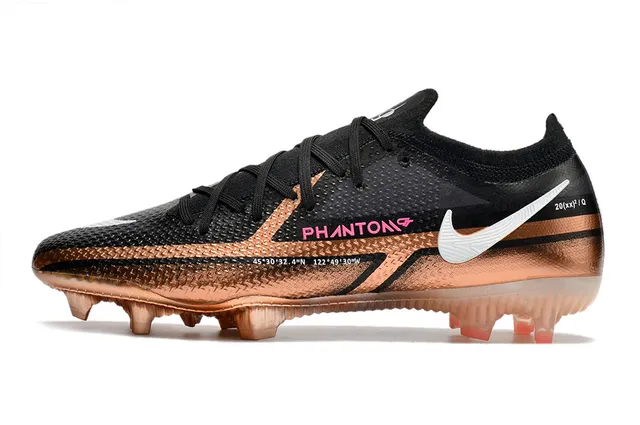 Nike Phantom GT Negro Dorado Bajo Corte Superior Sintético Recubrimiento Metálico Cobre Superficie Natural Zapatos de Fútbol 5