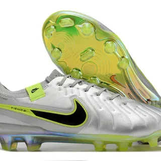 Nike Tiempo Parte superior plateada verde metálica con acentos neón lima Zapatos de fútbol para terreno firme